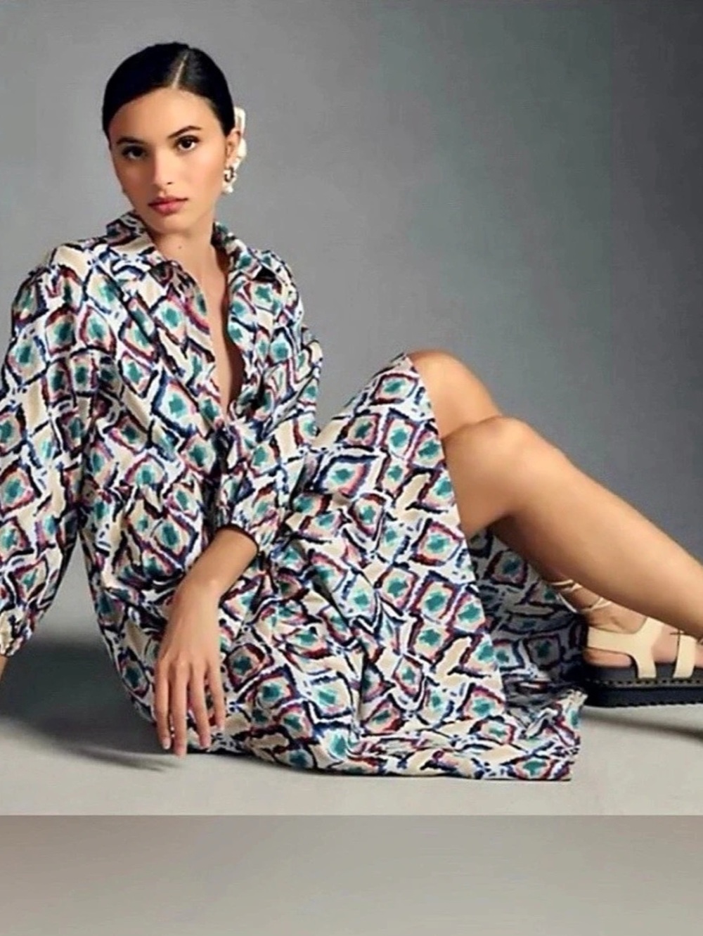 Anthropologie Maeve The Bettina Tiered Shirt Dress Geometric Midi Dress in Multi